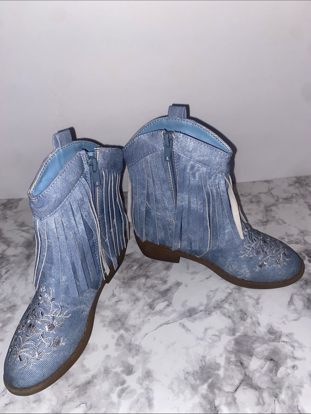 PAWZ Light Blue Embroidered Fringe Ankle Boots - Picture 4 of 5